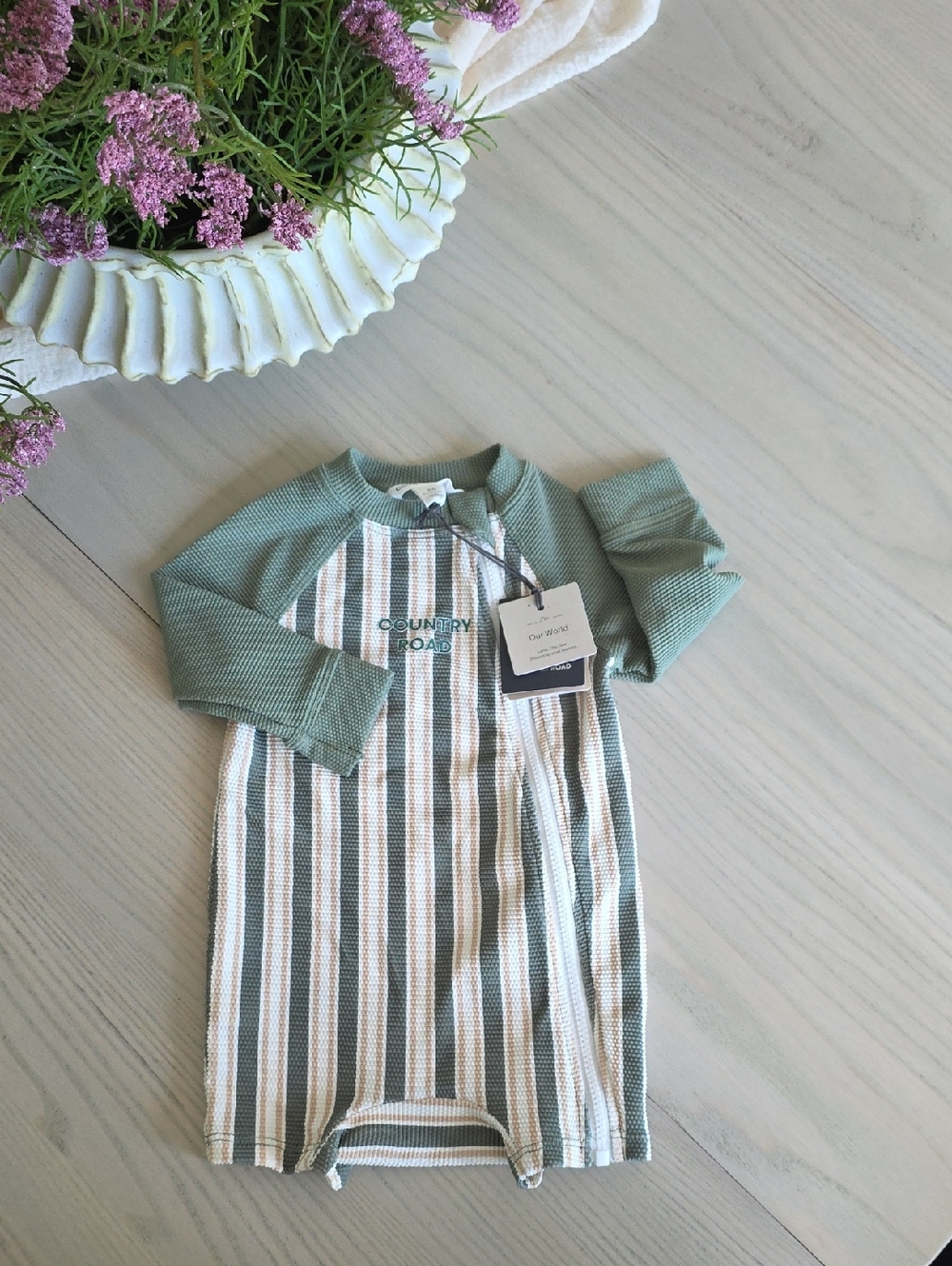 Country Road Green & Cream Striped Baby Swimmer | 3-6M
